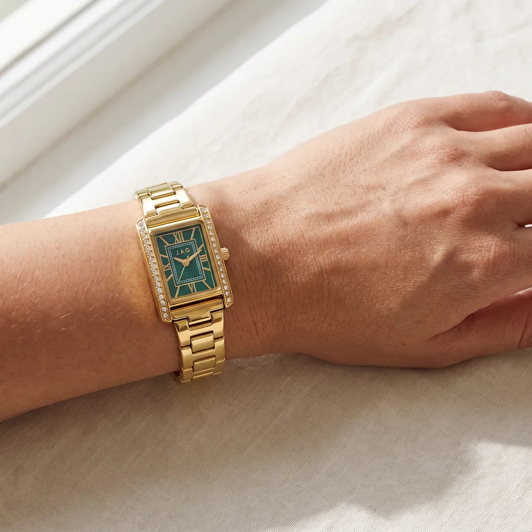 Jag Sienna womens green dial 22mm gold watch worn on wrist