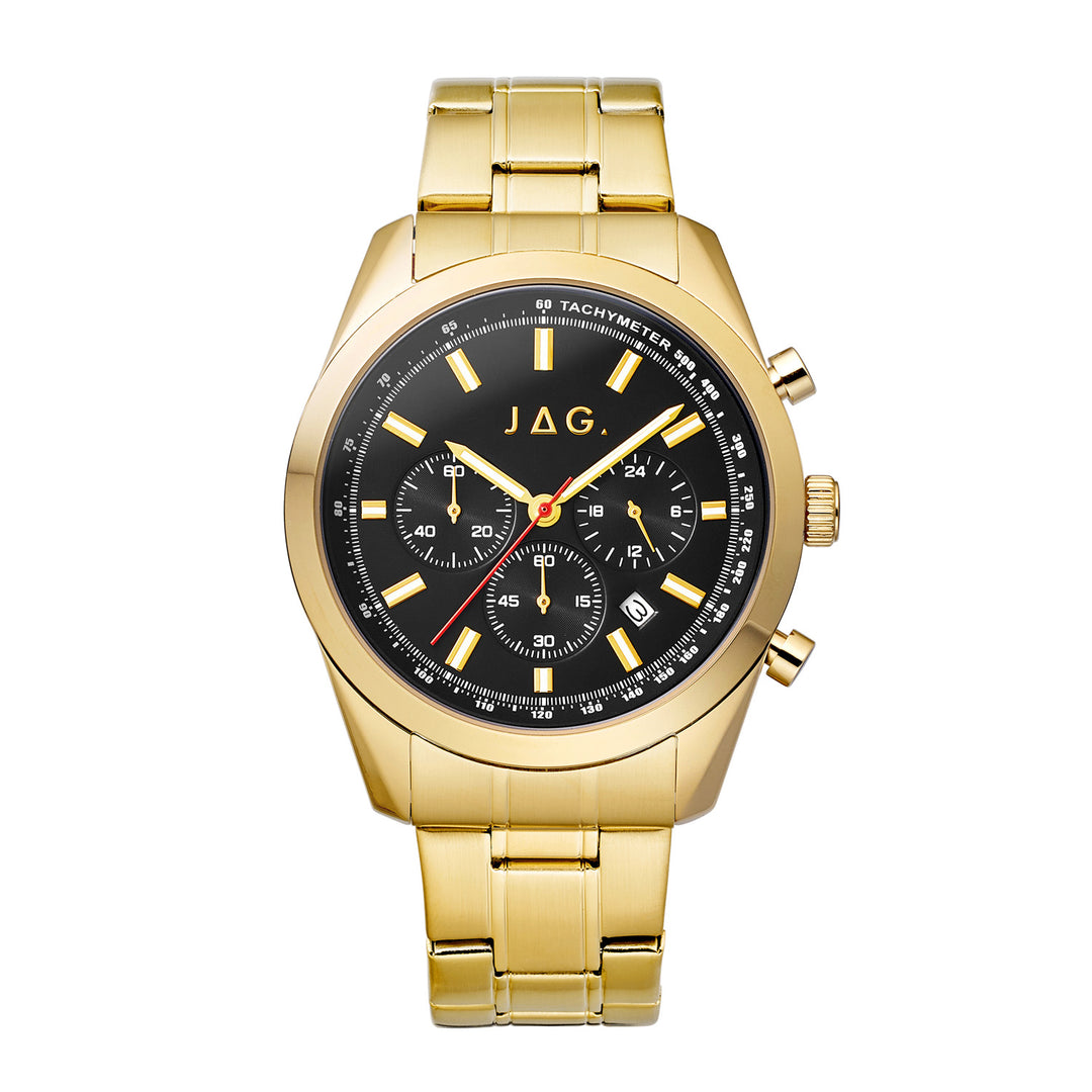Rhys Mens Black Dial 43mm Gold Watch