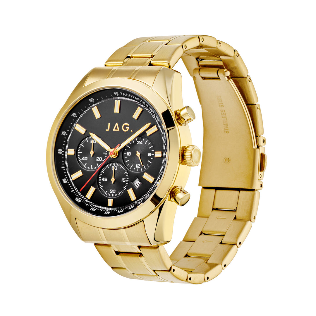Rhys Mens Black Dial 43mm Gold Watch