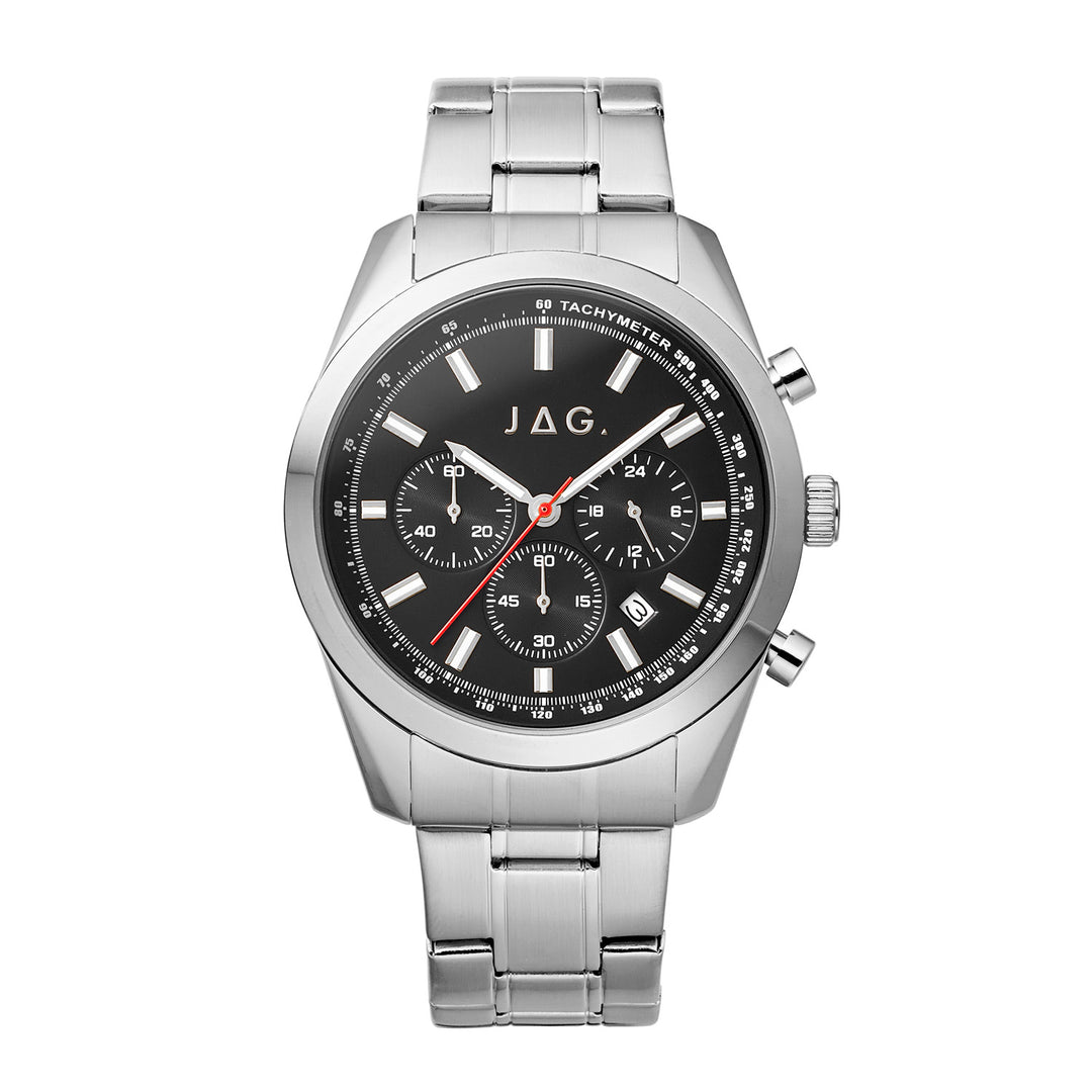 Rhys Mens Black Dial 43mm Silver Watch