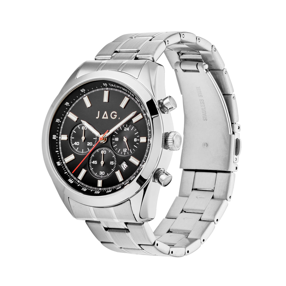 Rhys Mens Black Dial 43mm Silver Watch