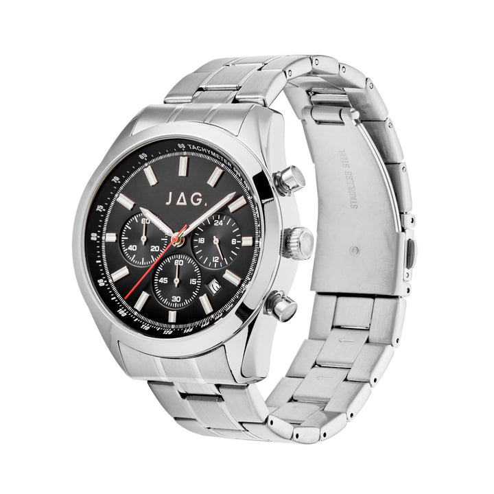 Rhys Mens Black Dial 43mm Silver Watch