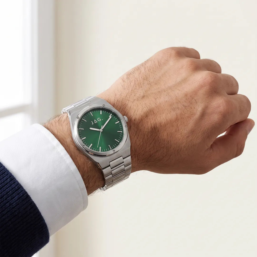 Arlo Mens Green Dial 43mm Silver Watch worn on wrist