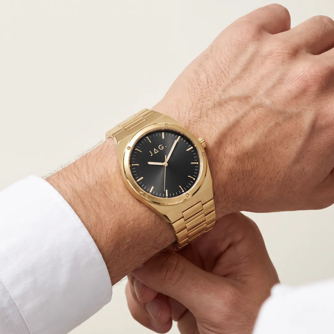 Jag Arlo Mens Black Dial 41mm Gold Watch worn on wrist