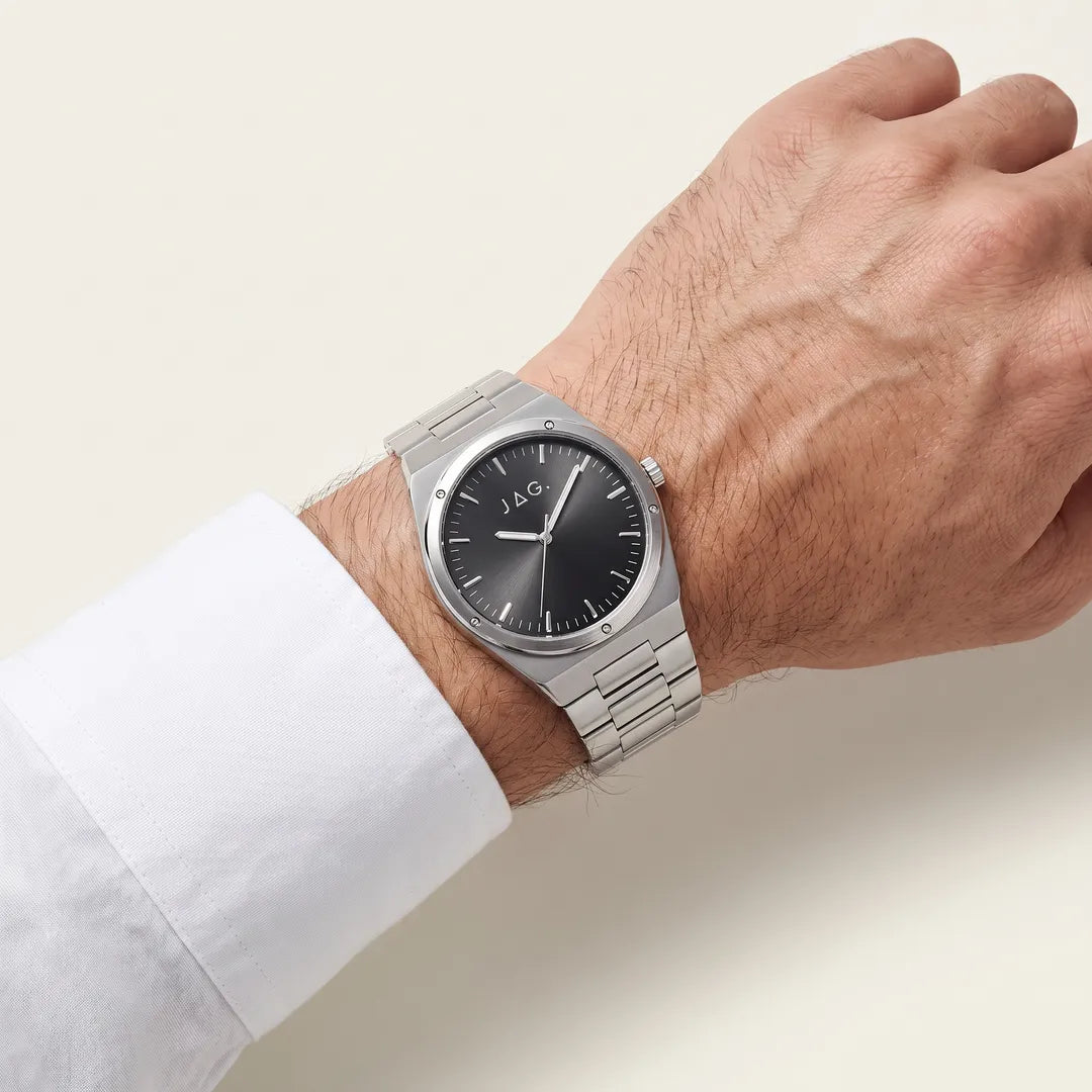 Jag Arlo Mens Black Dial 41mm Silver Watch worn on wrist