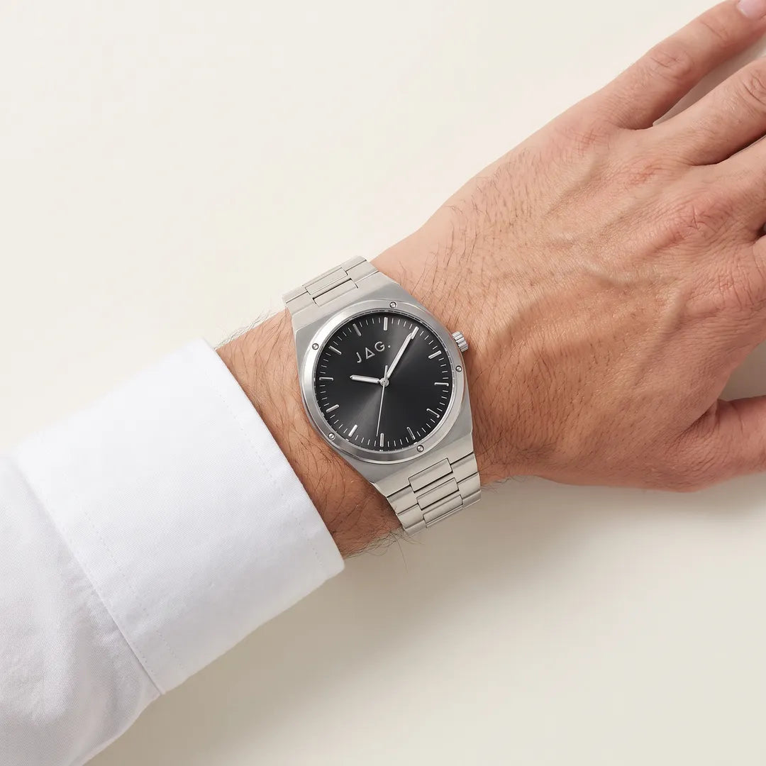 Jag Arlo Mens Black Dial 41mm Silver Watch on wrist, top-down view