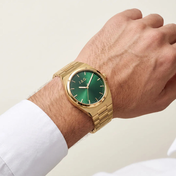 Jag Arlo Mens Green Dial 41mm Gold Watch worn on wrist