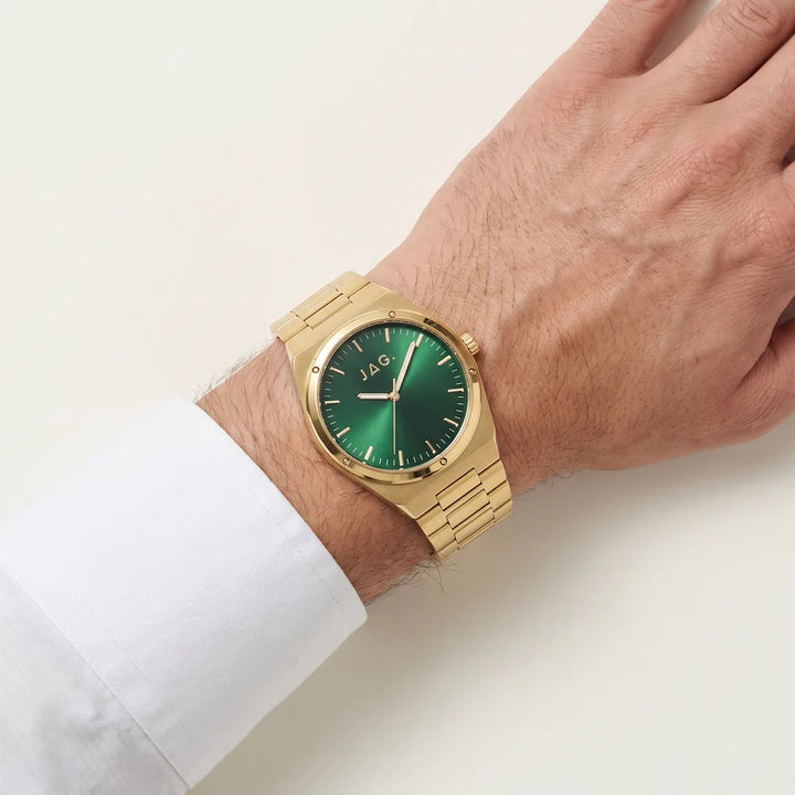 Jag Arlo Mens Green Dial 41mm Gold Watch on wrist, top-down view