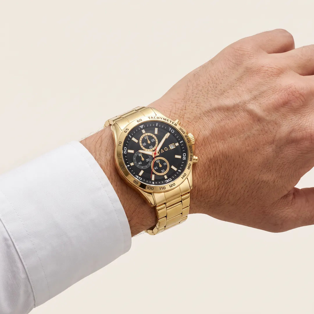 Callum Mens Black Dial 42mm Gold Watch worn on wrist