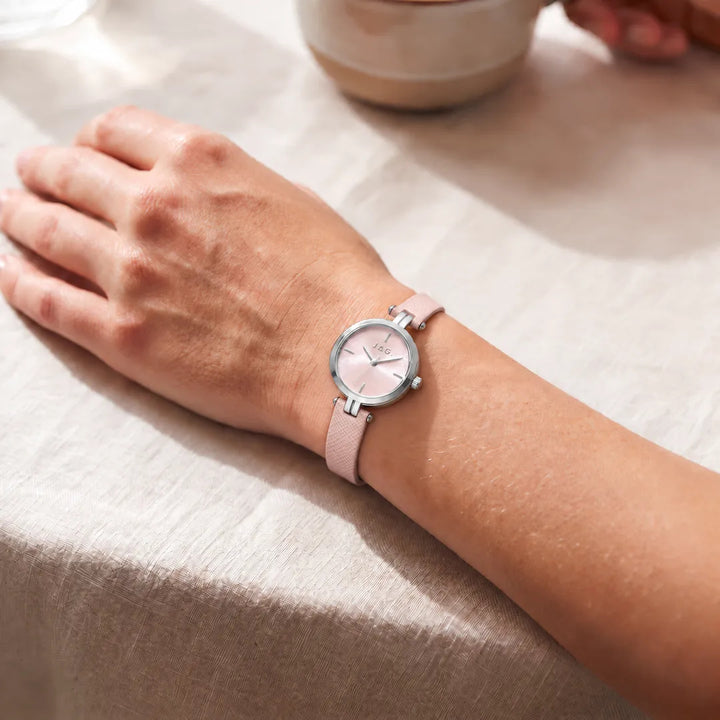 JAG Freya womens 27mm pink dial silver watch with pink leather strap worn on wrist