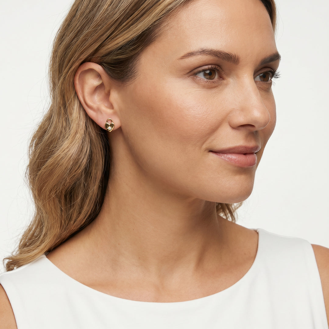 22K Gold Vermeil 0.07ct Lab Grown Diamond Padlock Earrings - model wearing