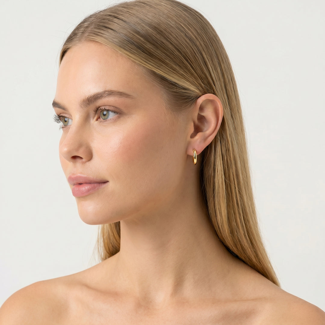 22K Gold Vermeil 13mm Hoop Earrings - model wearing earrings