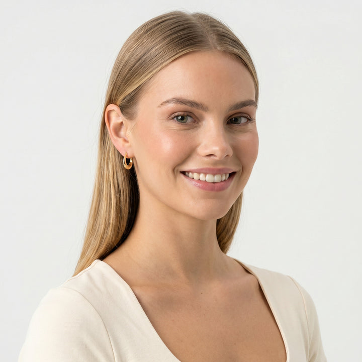 22K Gold Vermeil 15mm Hoop Earrings worn by model