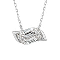 A silver pendant necklace featuring a large, clear emerald-cut diamond-like stone set in a polished silver leaf-shaped setting, suspended from a delicate silver chain against a plain white background.