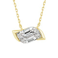 A yellow gold necklace with a leaf-shaped setting holding a large rectangular emerald-cut clear gemstone, shown against a plain white background.