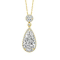 A yellow gold pendant necklace featuring a teardrop-shaped diamond pendant surrounded by a halo of smaller diamonds, with a round diamond setting above and a delicate gold chain, shown on a plain white background.