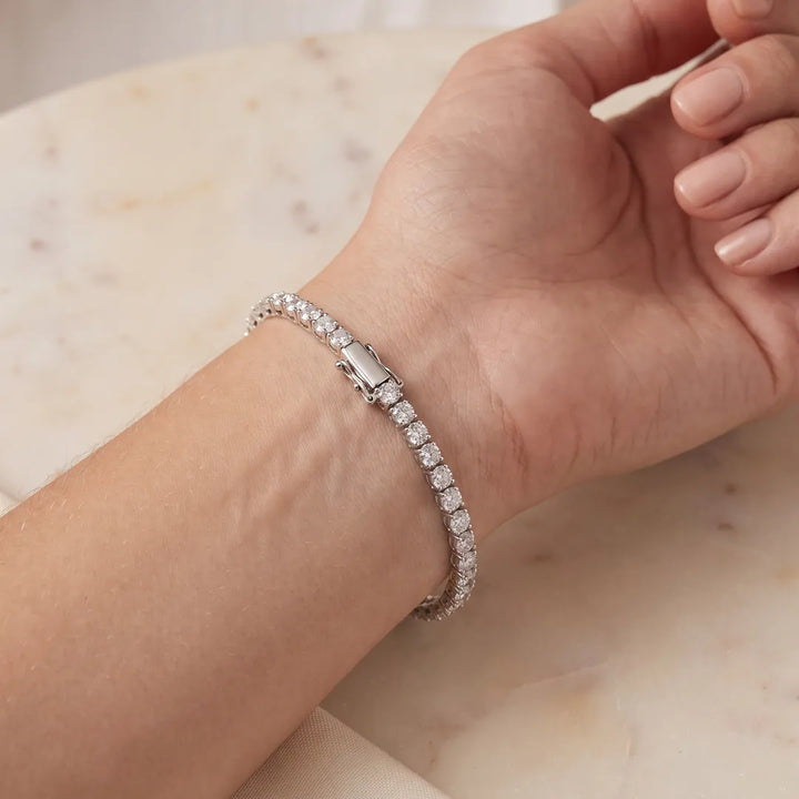 7.00ct Lab Grown Diamond Bracelet in 9K White Gold worn on the wrist, underside view showing the white gold box clasp