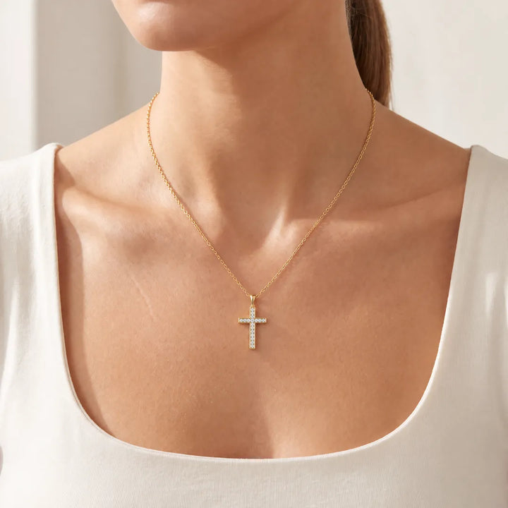 1.00ct Lab Grown Diamond Cross Necklace in 9K Yellow Gold worn on model