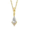 A gold pendant necklace featuring a large clear baguette-cut center stone surrounded by small accent stones, suspended from a gold chain on a plain white background.