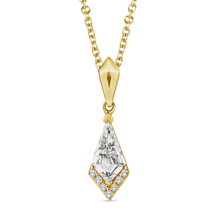 A gold pendant necklace featuring a large clear baguette-cut center stone surrounded by small accent stones, suspended from a gold chain on a plain white background.