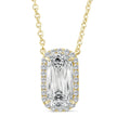A yellow gold pendant necklace featuring a large emerald-cut clear center stone surrounded by a halo of small round-cut stones, on a white background.