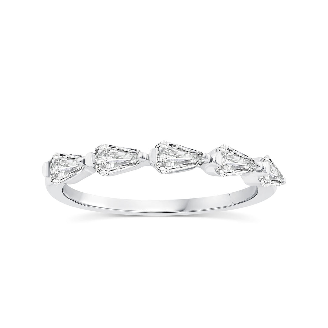 A silver-toned diamond band ring featuring five marquise-cut diamonds set in a row, shown against a plain white background.