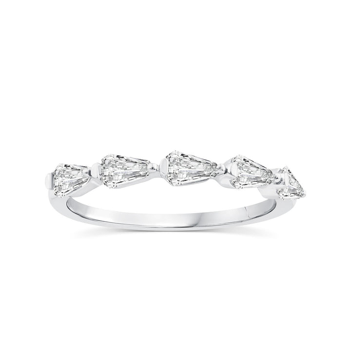 A silver-toned diamond band ring featuring five marquise-cut diamonds set in a row, shown against a plain white background.