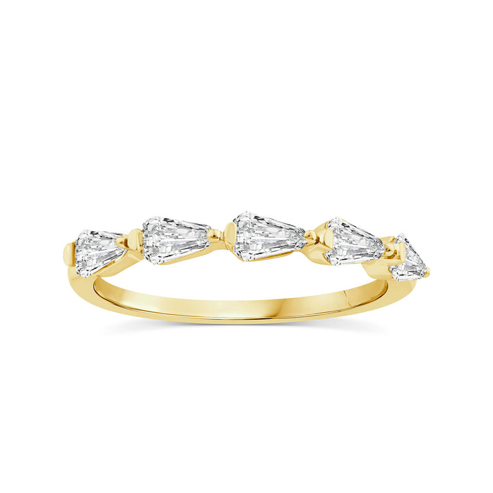 A yellow gold ring featuring five pear-cut clear gemstones set in a curved row, shown against a plain white background.
