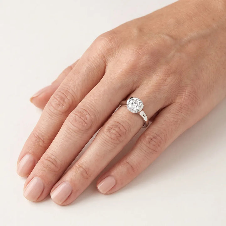 1.55ct Round Lab Grown Diamond Semi Halo Ring in 9K White Gold worn on hand