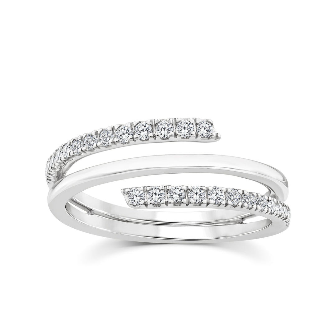 A silver-tone open wrap ring featuring two curved bands, each adorned with a row of sparkling round-cut stones, set against a clean white background.