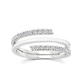 A silver-tone open wrap ring featuring two curved bands, each adorned with a row of sparkling round-cut stones, set against a clean white background.