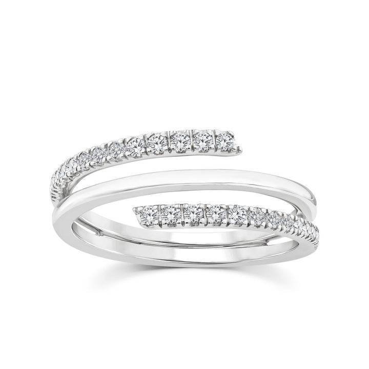 A silver-tone open wrap ring featuring two curved bands, each adorned with a row of sparkling round-cut stones, set against a clean white background.