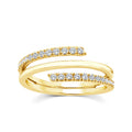 A yellow gold wrap ring featuring two bands, one adorned with a row of round-cut diamonds and the other with a smaller diamond section, set against a plain white background.