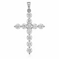 A silver cross pendant adorned with round-cut clear gemstones, set against a plain white background.