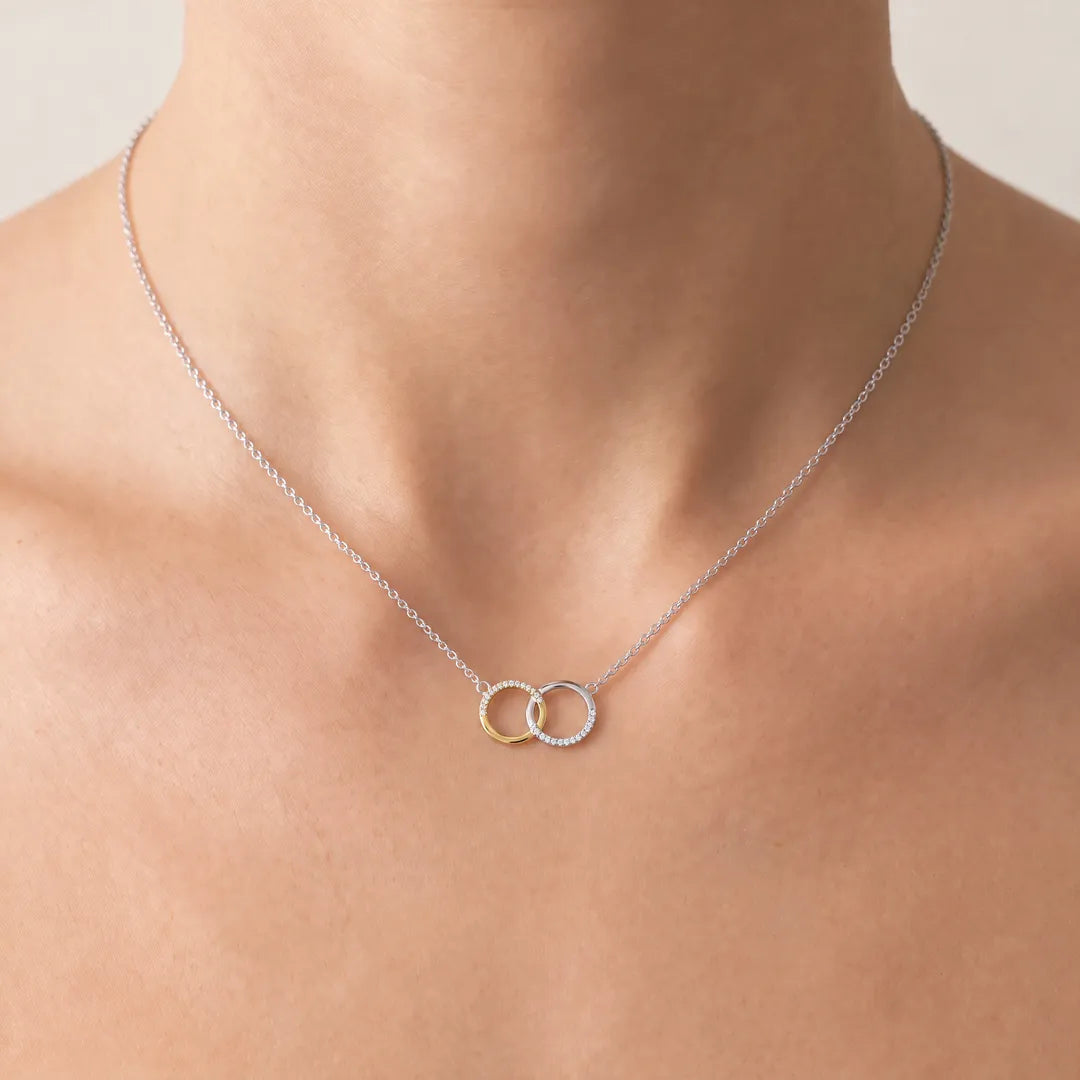 Necklace with 0.10ct Diamonds in 9K Yellow & White Gold, linked circles worn on model