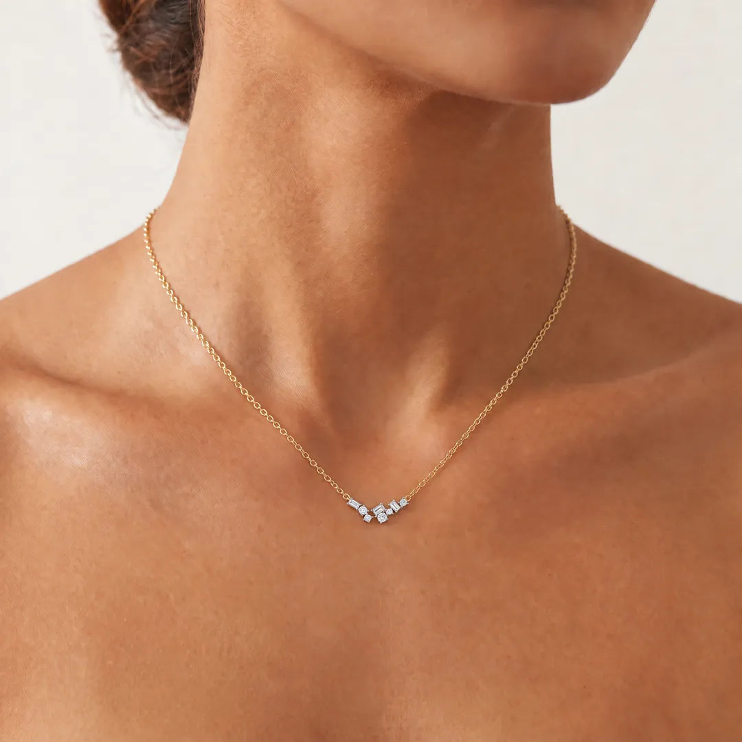 Necklace with 0.15ct Diamonds in 9K Yellow Gold, scattered diamond cluster worn on model