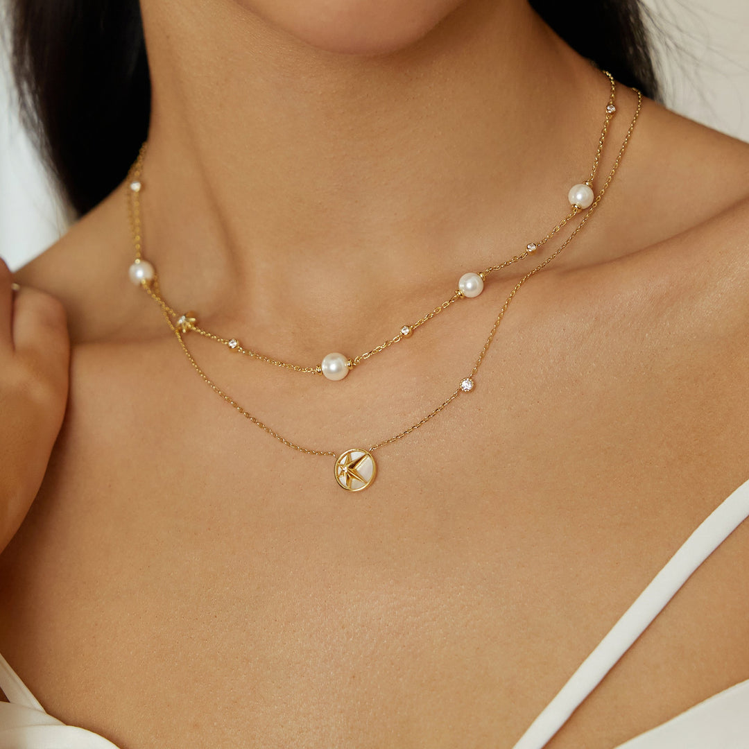 Gold Pearl and Star Station Necklace | The Jewellery Boutique