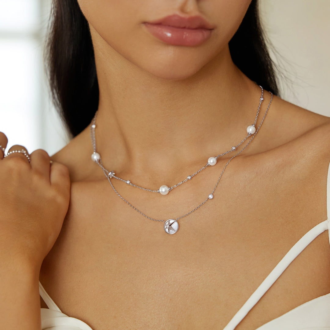 Silver Pearl and Star Station Necklace | The Jewellery Boutique