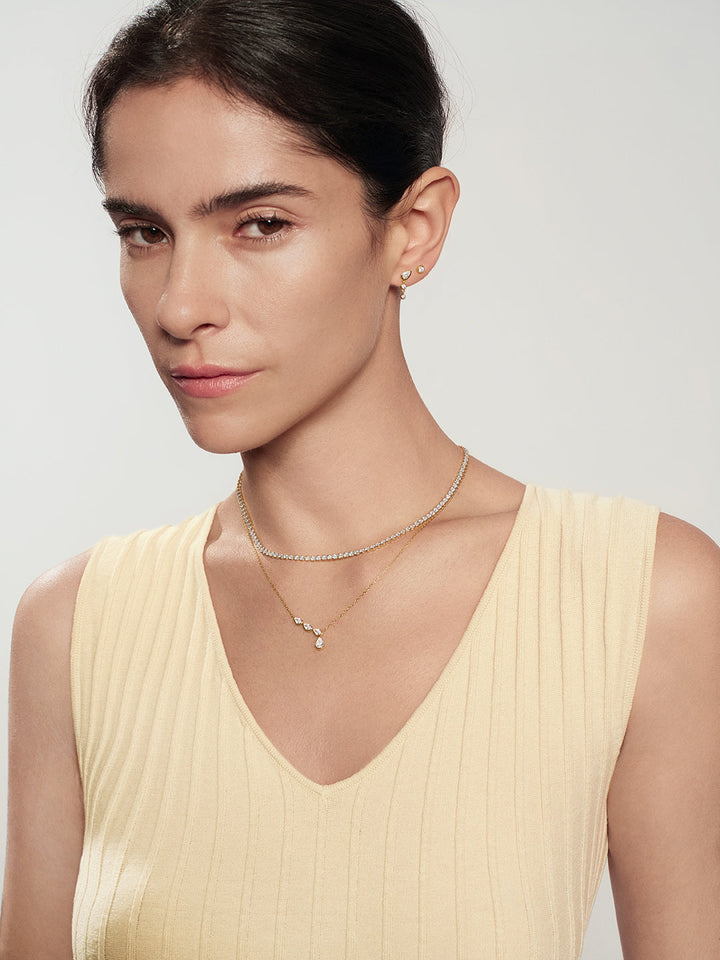 Gold Half-Bezel Angled & Dangle Teardrop Necklace