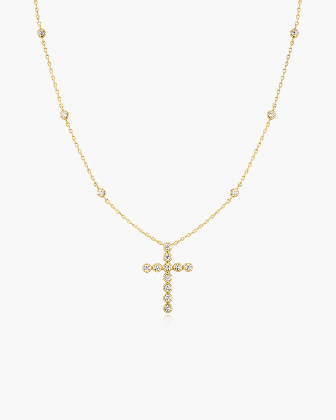 Gold Bezel-Set Station Necklace with Cross Pendant