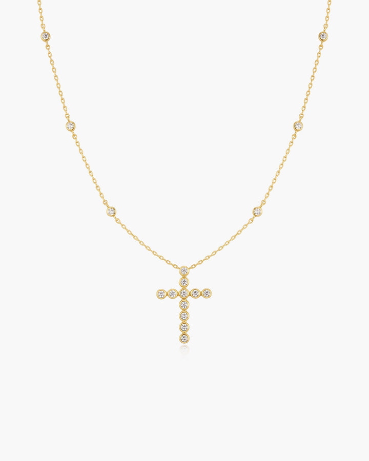 Gold Bezel-Set Station Necklace with Cross Pendant