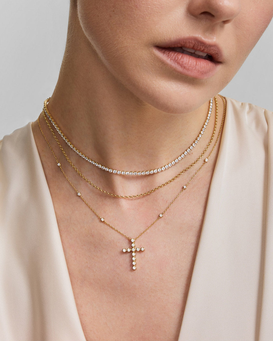 Gold Bezel-Set Station Necklace with Cross Pendant