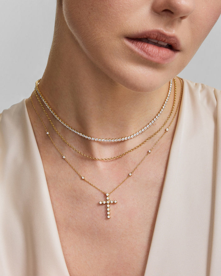 Gold Bezel-Set Station Necklace with Cross Pendant