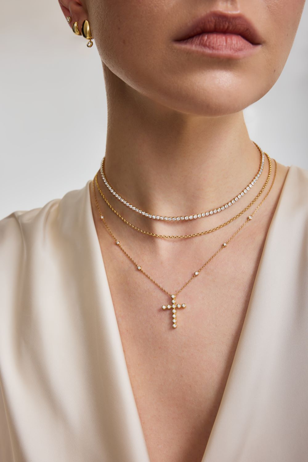 Gold Bezel-Set Station Necklace with Cross Pendant