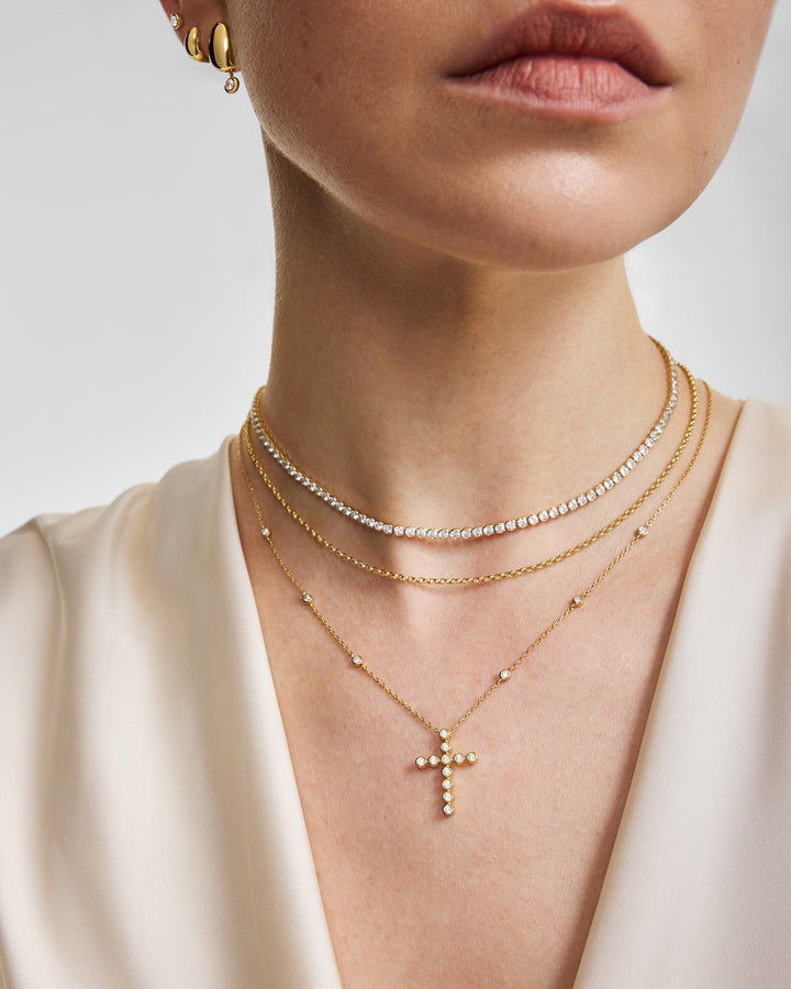 Gold Bezel-Set Station Necklace with Cross Pendant