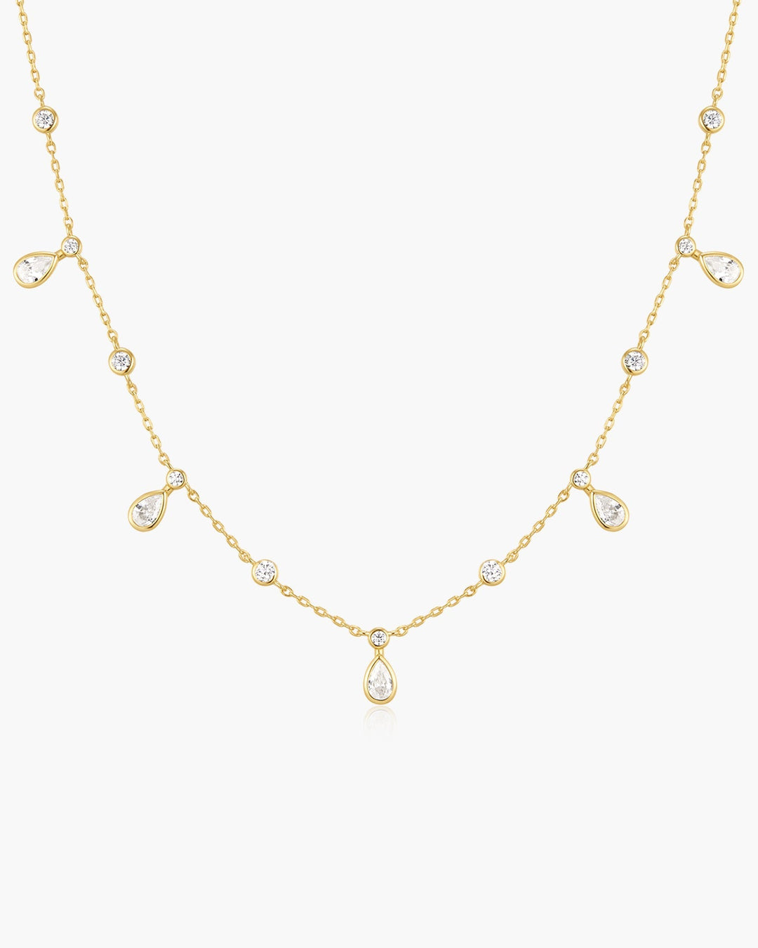 Gold Bezel Round & Teardrop Drop Station Necklace