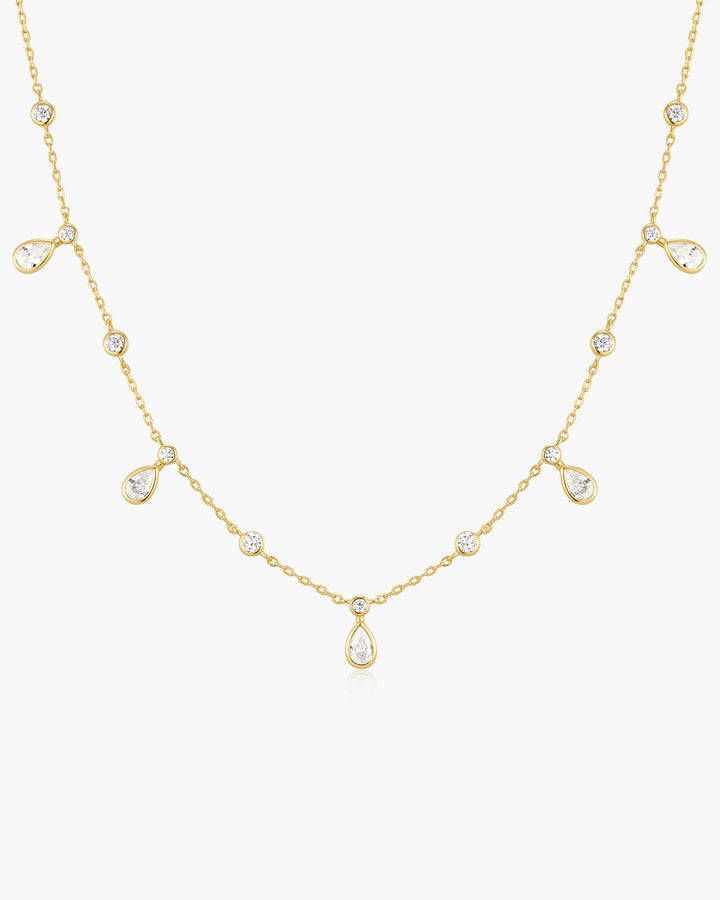 Gold Bezel Round & Teardrop Drop Station Necklace