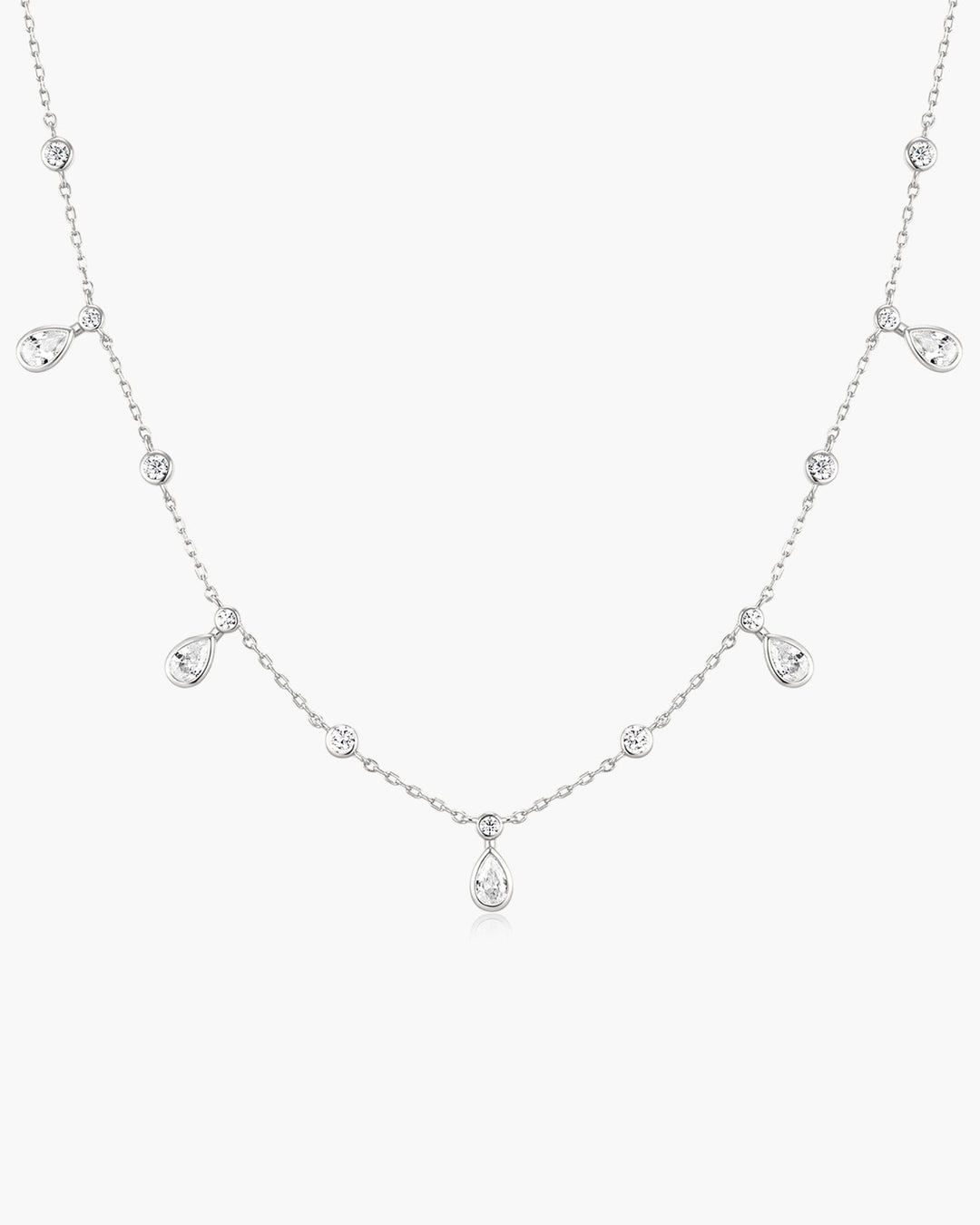Silver Bezel Round & Teardrop Drop Station Necklace