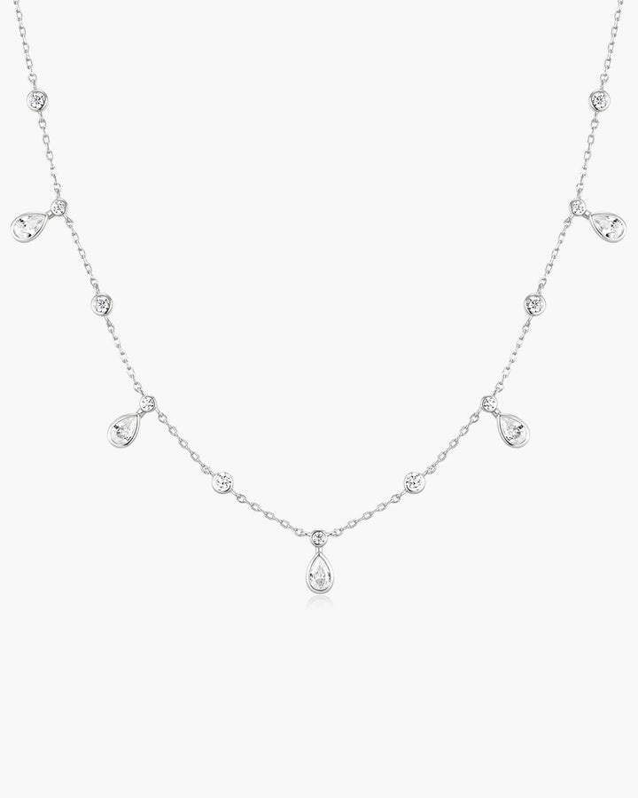 Silver Bezel Round & Teardrop Drop Station Necklace