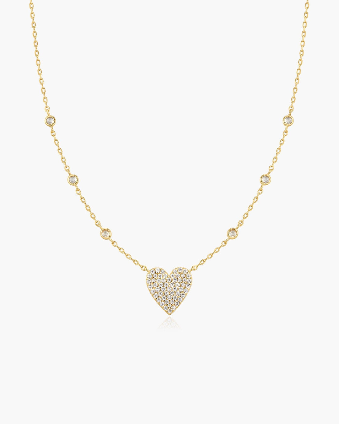 Gold Pave Heart with Bezel Station Necklace